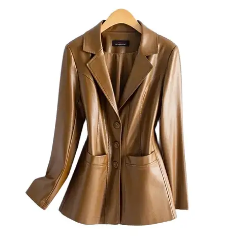 streetwear 여성 2 층 양피 정장 재킷 가죽 짧은 블레이저 코트 봄 가을 싱글 브레스트 겉옷 캐주얼상의