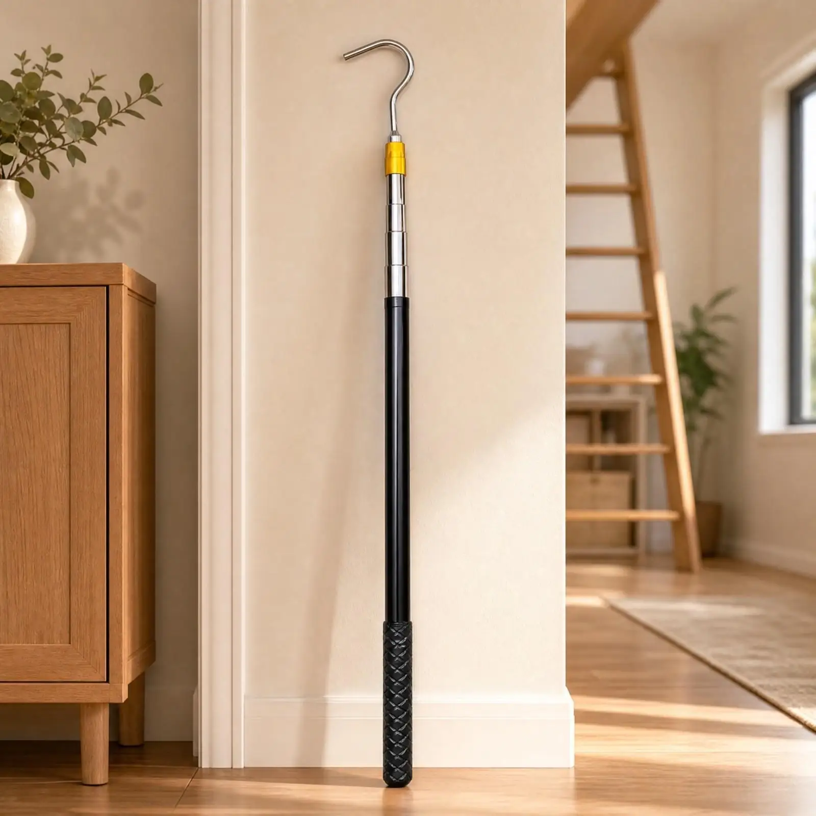 Stainless Steel Attic Ladder Hook Rod with Curved Metal Hook and Textured Grip for Pull Down Stairs Loft Use