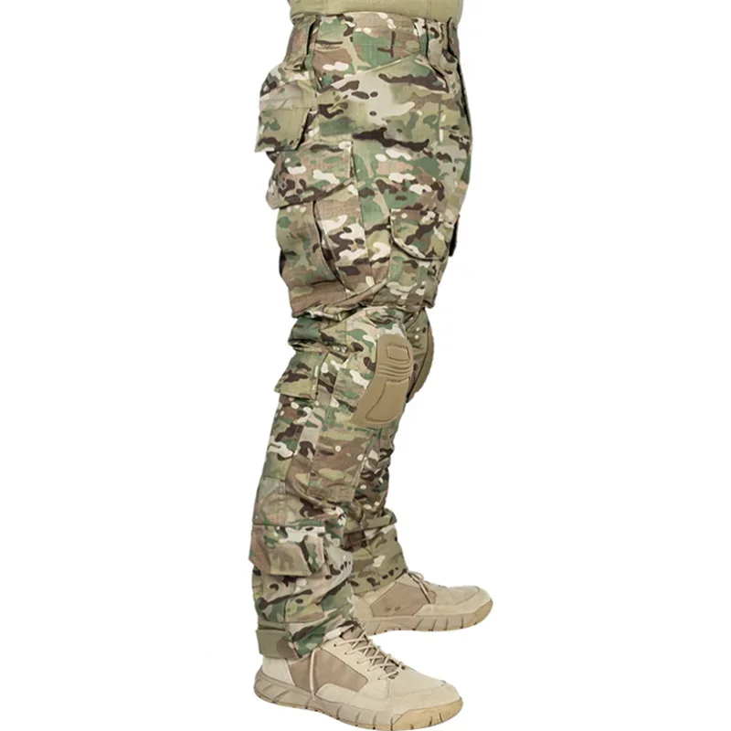 Pantaloni da combattimento da uomo con ginocchiere Pantaloni sportivi cargo tattici Airsoft Camo Trekking Abbigliamento da caccia Resistente all'usura