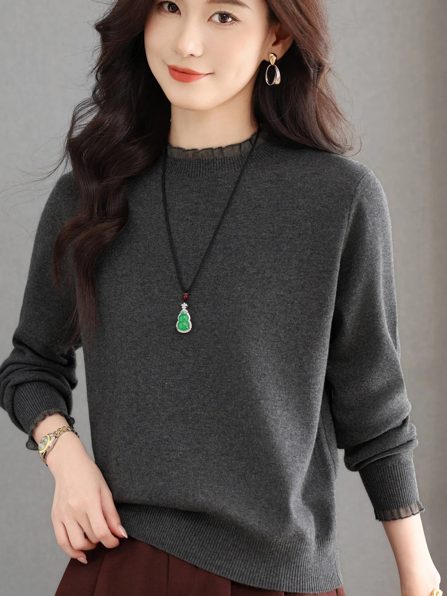 

Ele round Ne Knitted Wool Sweater with Lace Collar for Women Autumn Winter Thi Warm Mommy Sle Top Chinese Brand