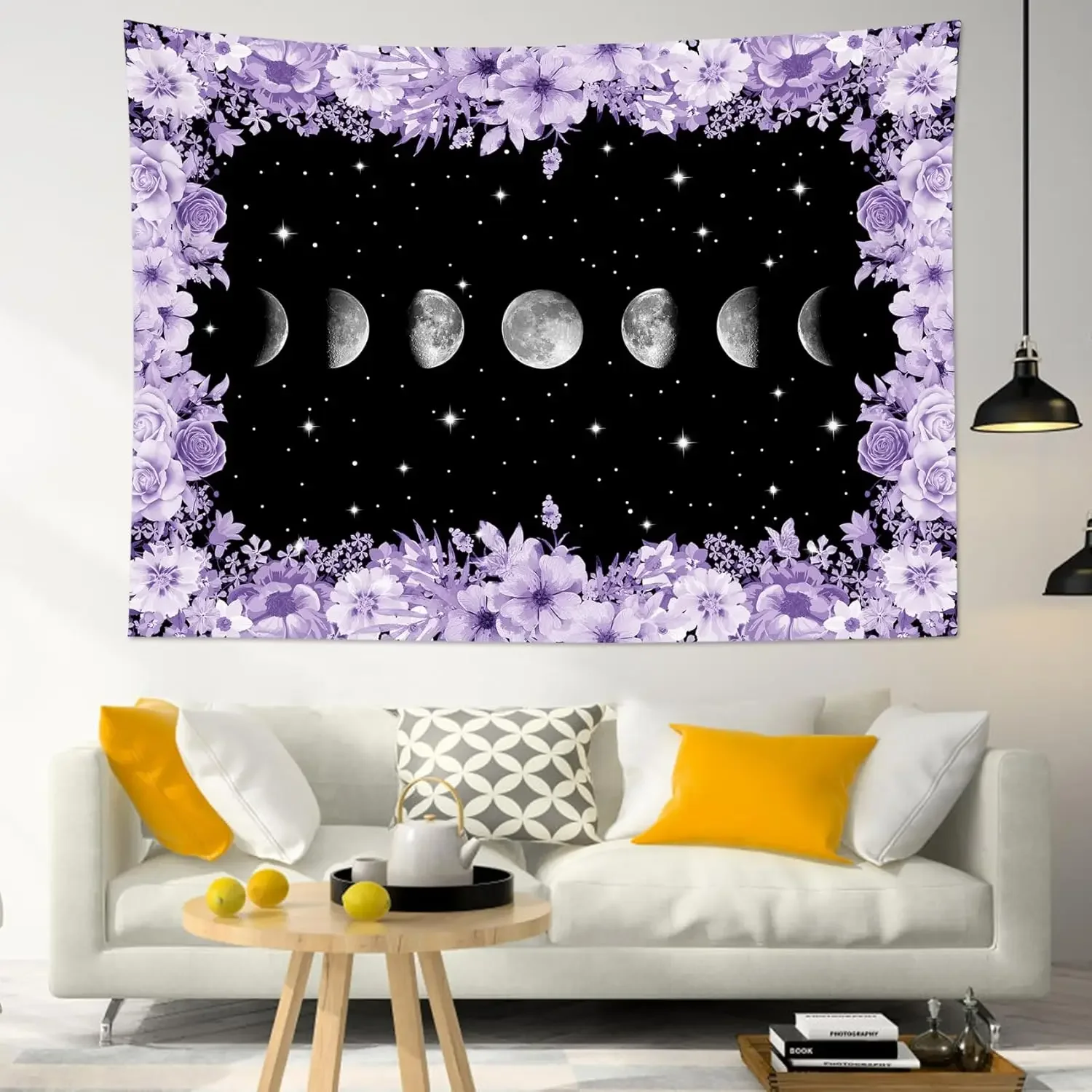 Floral Moon Phase Tapestry, Purple Flower and Starry Night Aesthetic Wall Tapestry for Bedroom, Boho Star Black Night Sky Wall