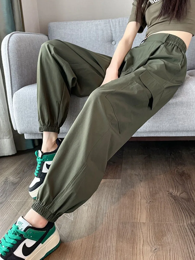 Street Style High Waist Slim Drawstring Trousers Large Pocket Sports Casual Pants Harem Pants Korean Women