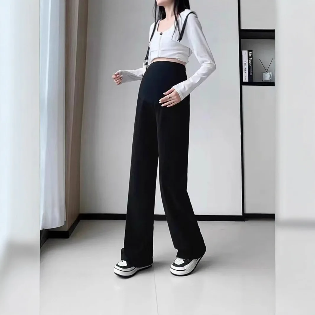 2026 Spring Autumn Winter Fleece Lined Maternity Wide Leg Pants Loose Support Belly Casual Warm Outerwear Trousers