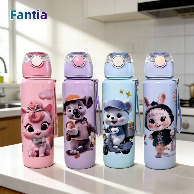 

700ml BPA-Free High Temperature Resistant Portable Outdoor Water Bottle Cartoon Animal Plastic Straw Water Cup with Hand-held
