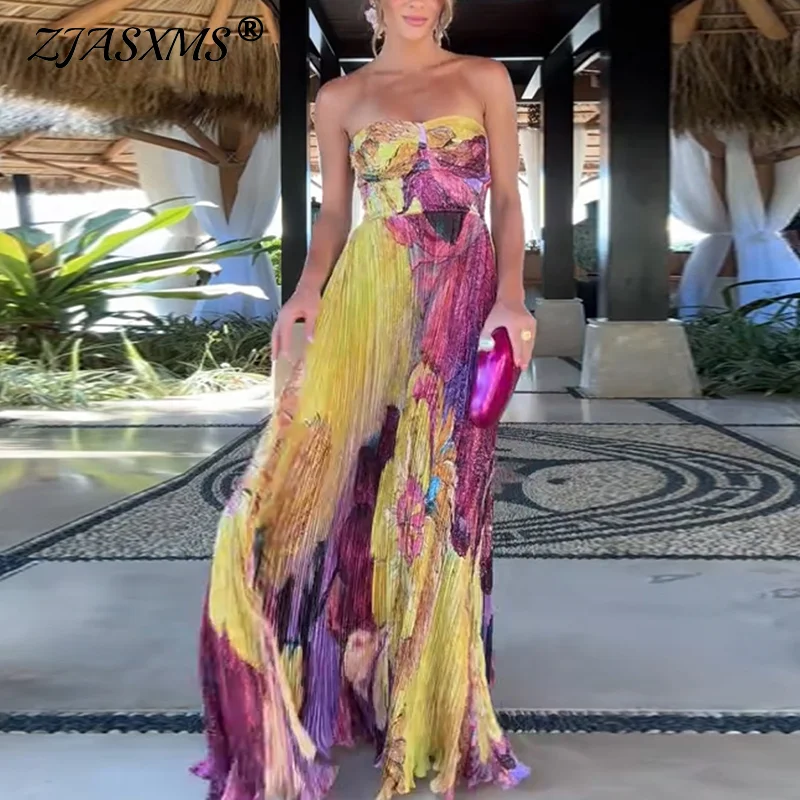 

2025 New Sexy Sling High Waist Party Dress Woman Elegant Pleated Print Robes Dress Summer Fashion Sleeveless Hollow Boho Dresses
