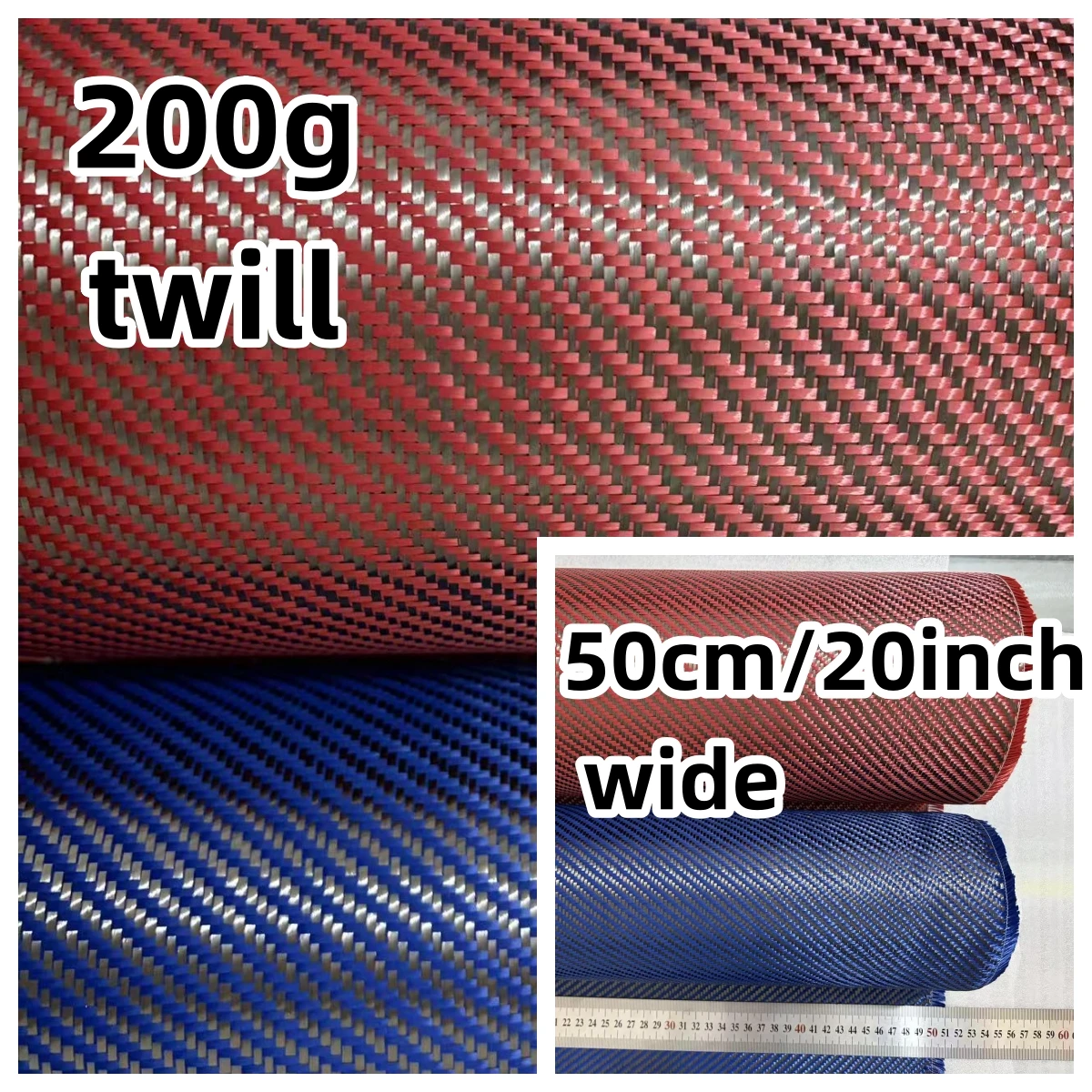 

3K 200gsm 2x2 Red and Blue Kevlar & Carbon fiber mixed Fabric Twill 20" / 50cm Aramid fiber Hybrid Carbon Kevlar Cloth.