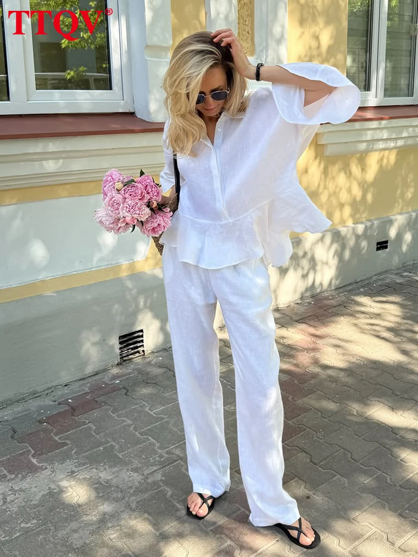 

TTQV Summer Loose White Cotton Women's Two Pieces Set 2026 Fashion Short Sleeve Shirt With High Waist Wide Pants Set Female