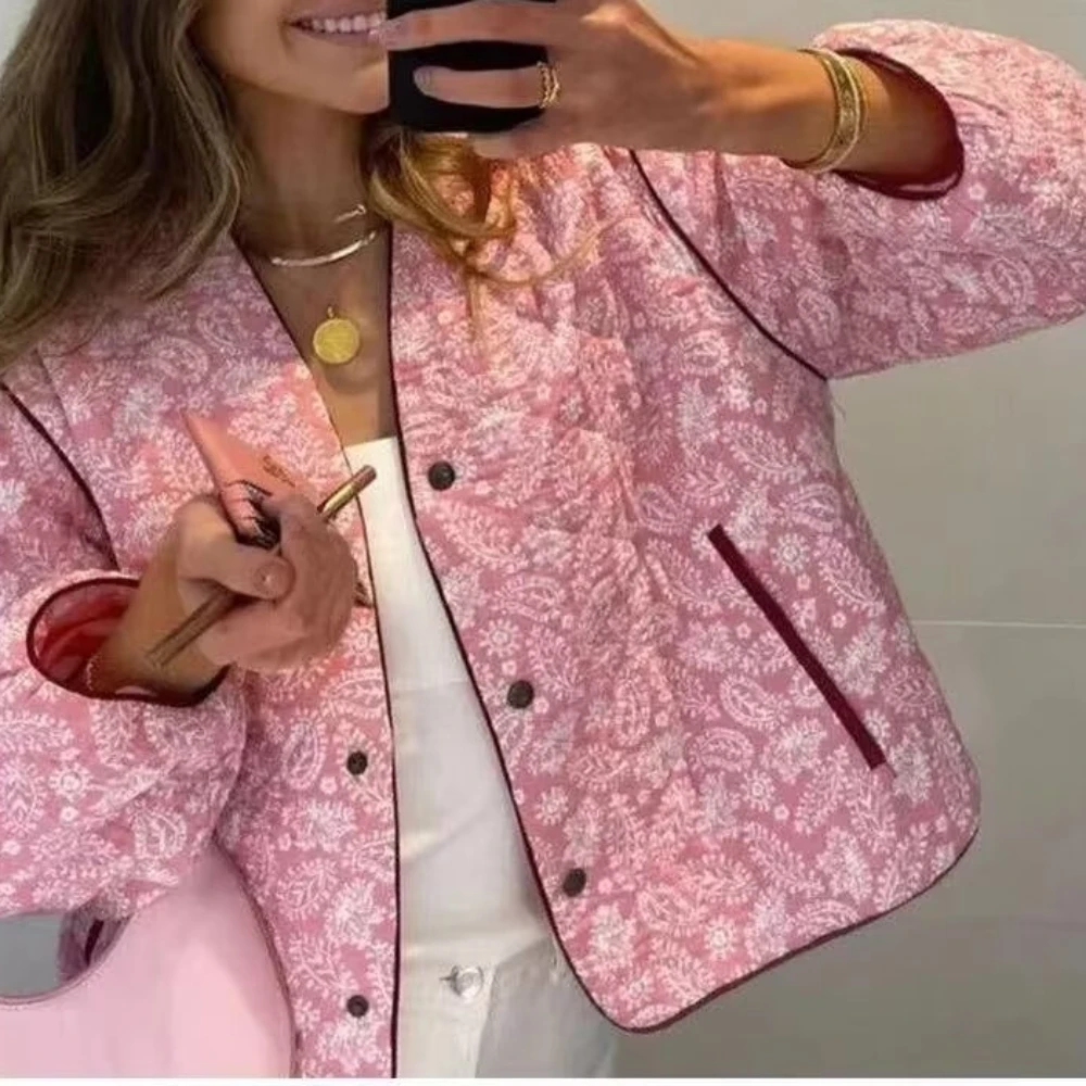 Veste matelassurera à col rond pour femme, manteau bouffant avec poche, veste imprimée rose Chester, poignets élastiques, extérieur, automne, hiver, nouveau, 2024