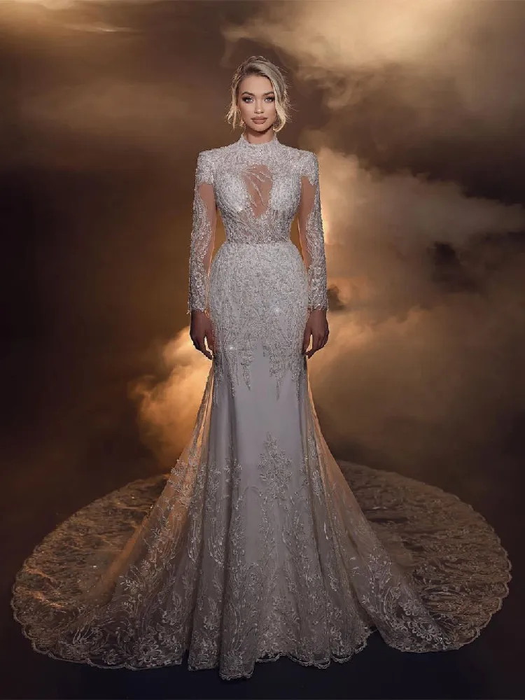 

Stylish Mermaid Wedding Dresses Long Sleeves High Neck Lace-up 3D Lace Train Sequins Appliques Plus Size Formal Bridal Gowns