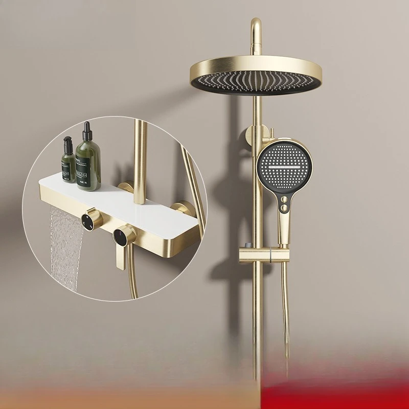 Pressurized all-copper shower and shower set, home anti-stain and water-saving, high-end three-function shower set