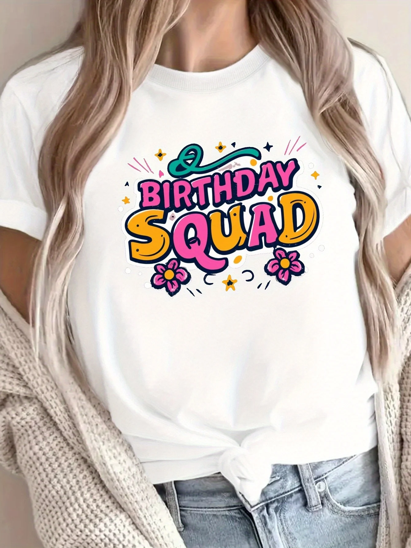 

Birthday Squad Print T-Shirt, Casual Short Sleeve Crew Neck T-Shirt For Spring & Summer, Women's Clothing tshirt