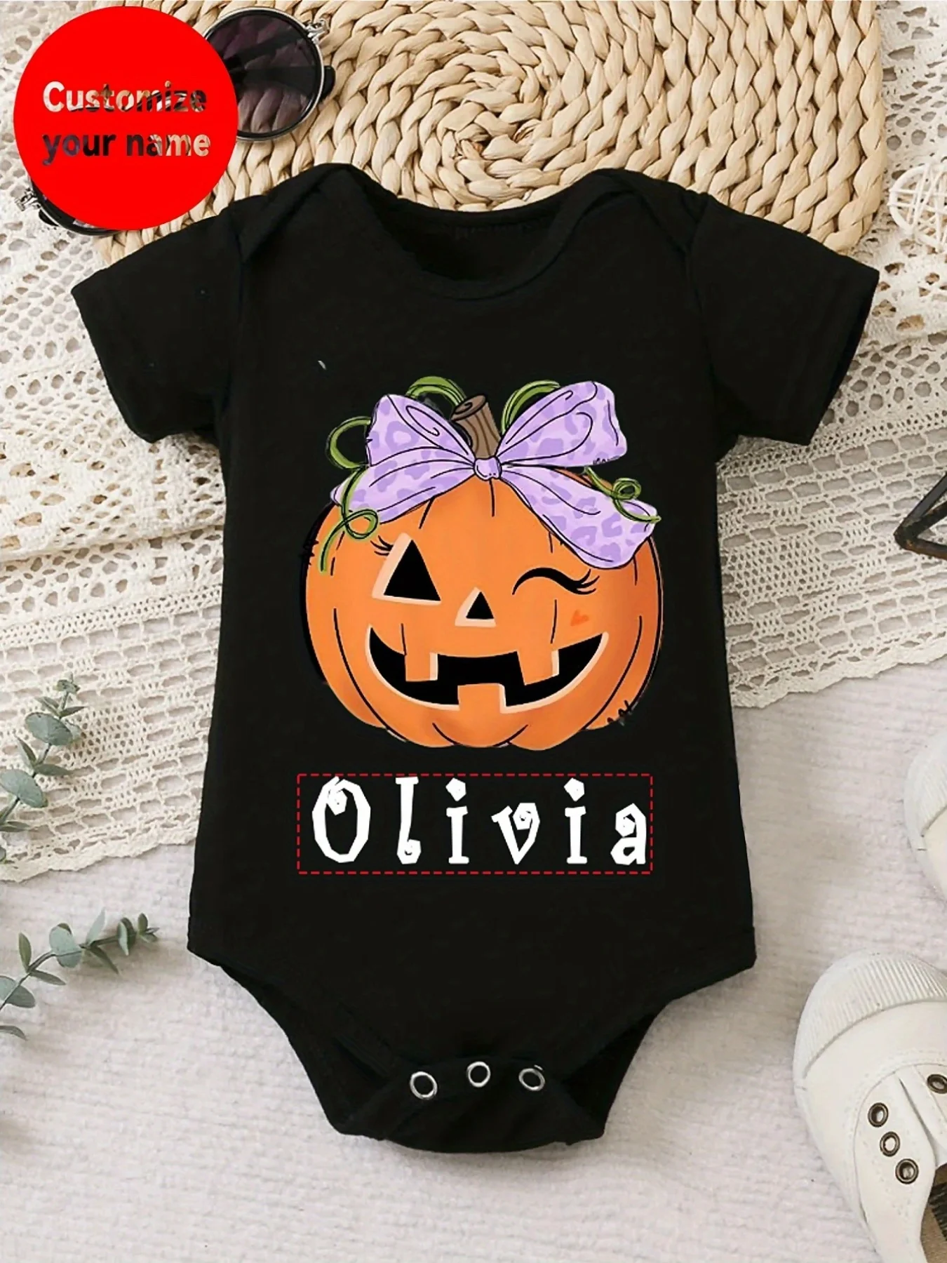 Halloween Baby Jumpsuit with Butterfly Bow Pumpkin Pattern Casual Comfortable 100% Cotton Short Sleeve DIY Jumpsuit for Newborn