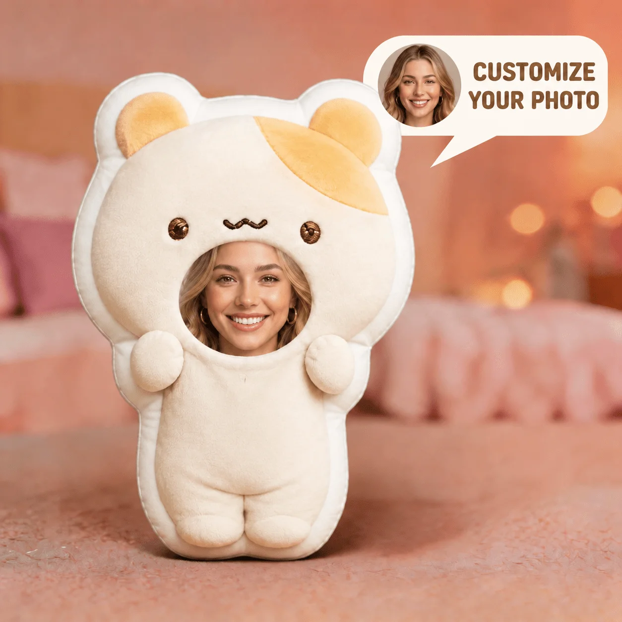 Custom Personalized Photo Face Pillow, Cute Bear Costume Style Custom Shaped Decorative Cushion, Unique Home Decor Accent for So