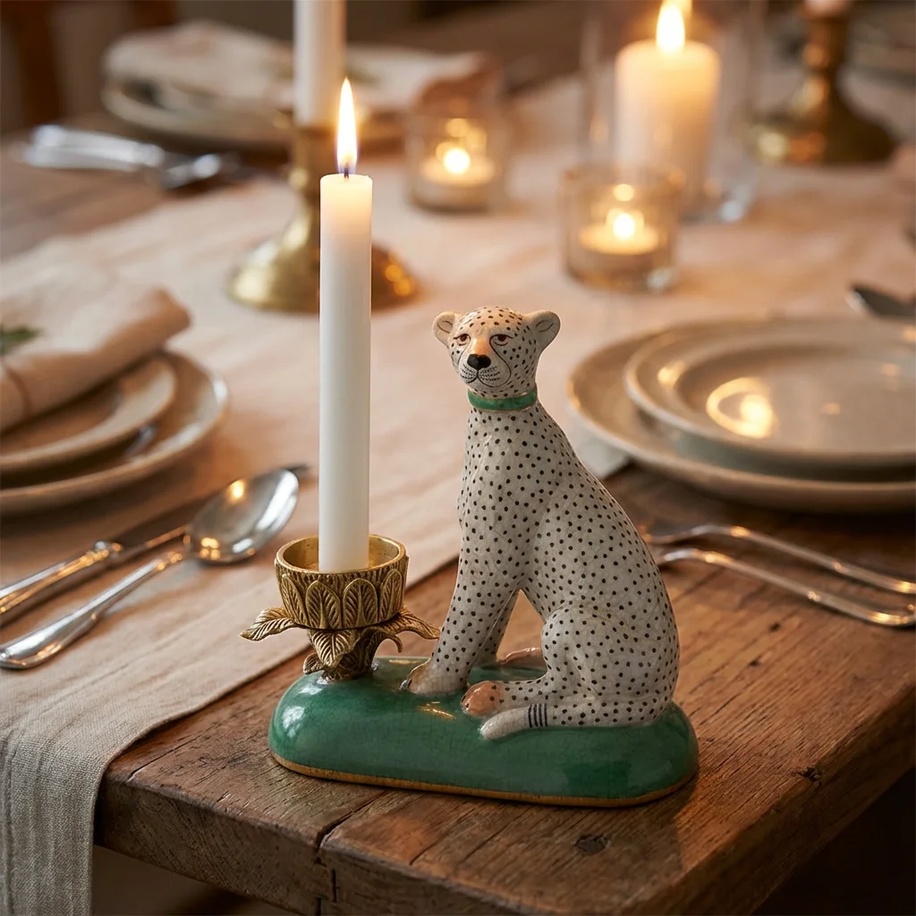 &c Leopard Statue Porcelain Dotted Cheetah Sculpture and Candle Holder for Home Decor Elegant Living Room Accent