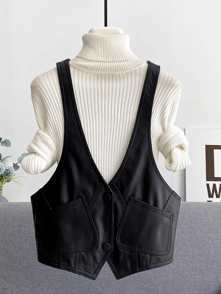 Fashion Women Loose Fit V Neck Single Breasted Vest Casual Streetwear Tops Sleeveless Jacket Sheepskin Genuine Leather Waistcoat