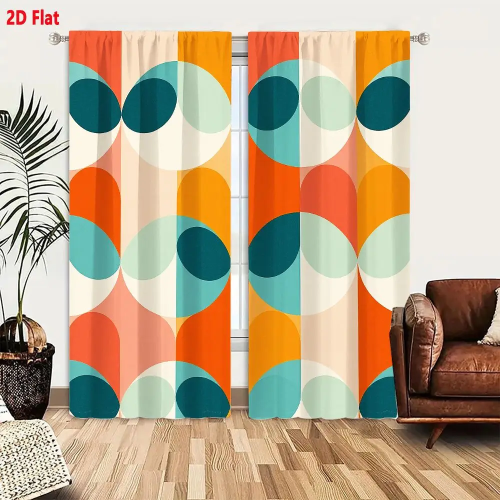 2Pcs Curtains 2D Flat Vibrant Retro Geometric Pattern With Warm Earthy Tones And Cool Teal Accents In Mid Century Modern Style W