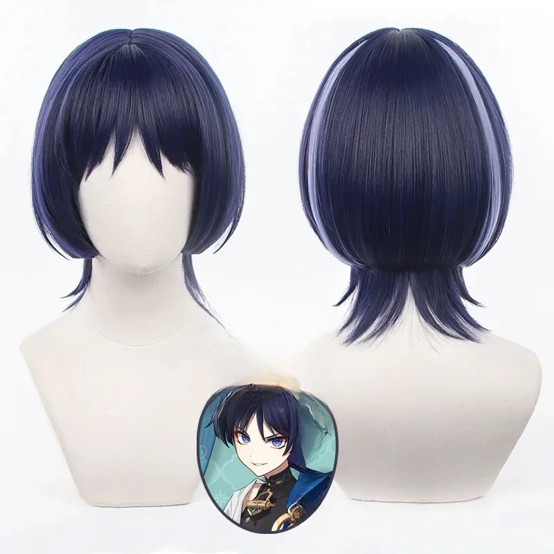 Genshin Wig Cosplay Impact Wanderer pendek campuran biru gelap Wig permainan Wanderer Scaramouch untuk Wig pesta Halloween wanita & Pria