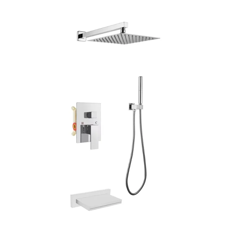 

250Mm Modern Design Chrome Brass Shower Mixer Solid Brass Rain Shower Head with Waterfall Bath Faucet