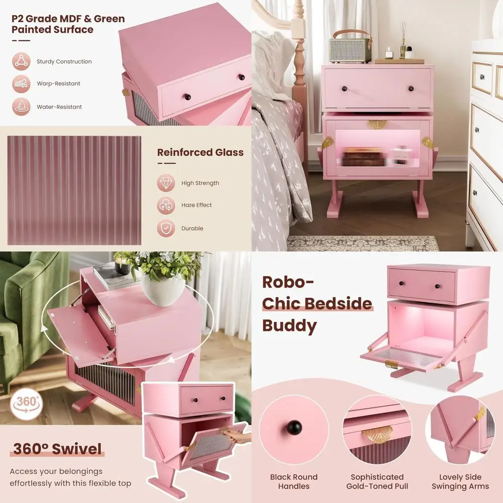 

Тумбочка с подсветкой и поворотом на 360 градусов ° Поворотный шкаф с розовыми стеклянными дверцами для спальни и домашнего офиса