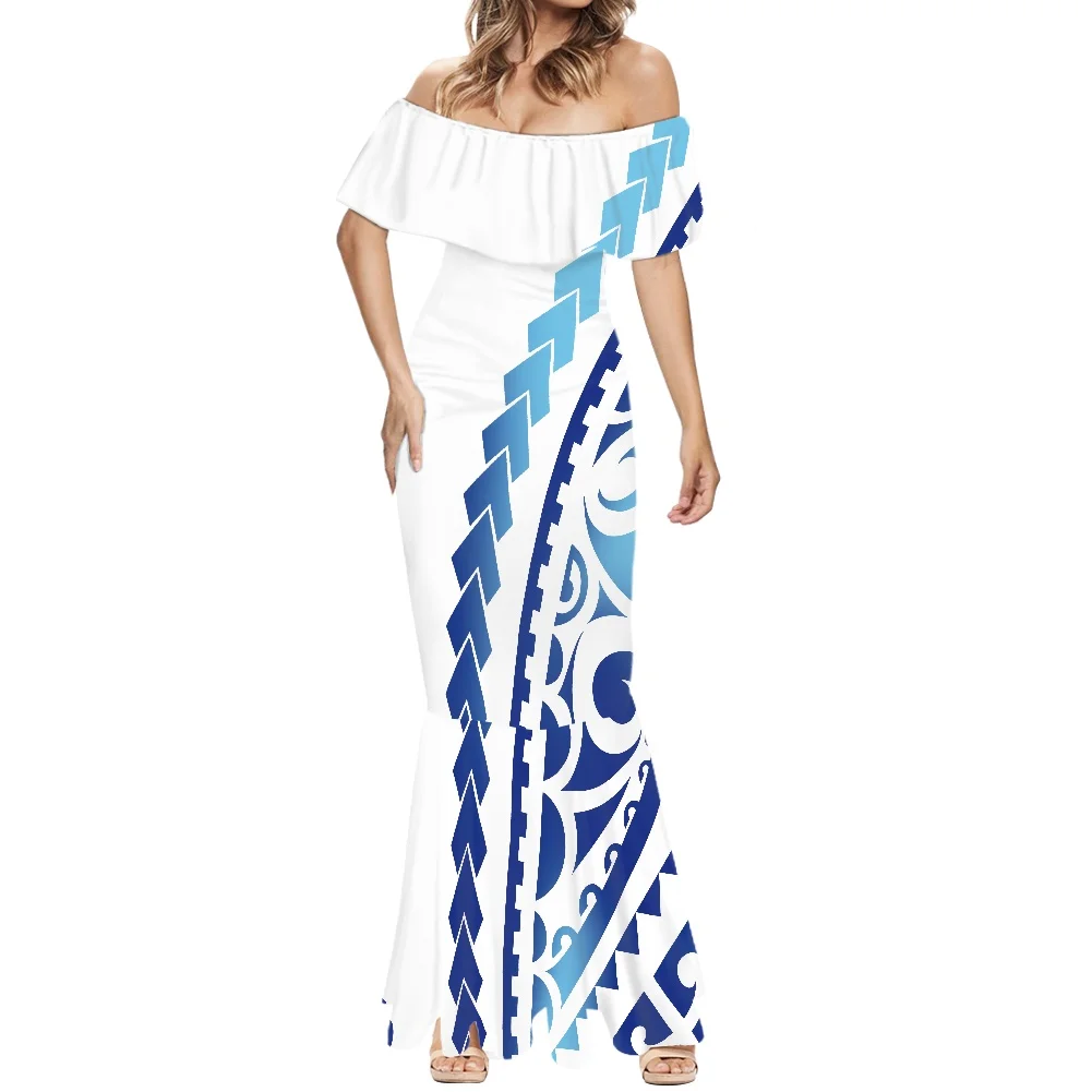 HYCOOL White Samoan Puletasi Dress For Big Women Polynesian Tribal Bodycon Mermaid Sexy Dresses Birthday Night Club Dress 2022