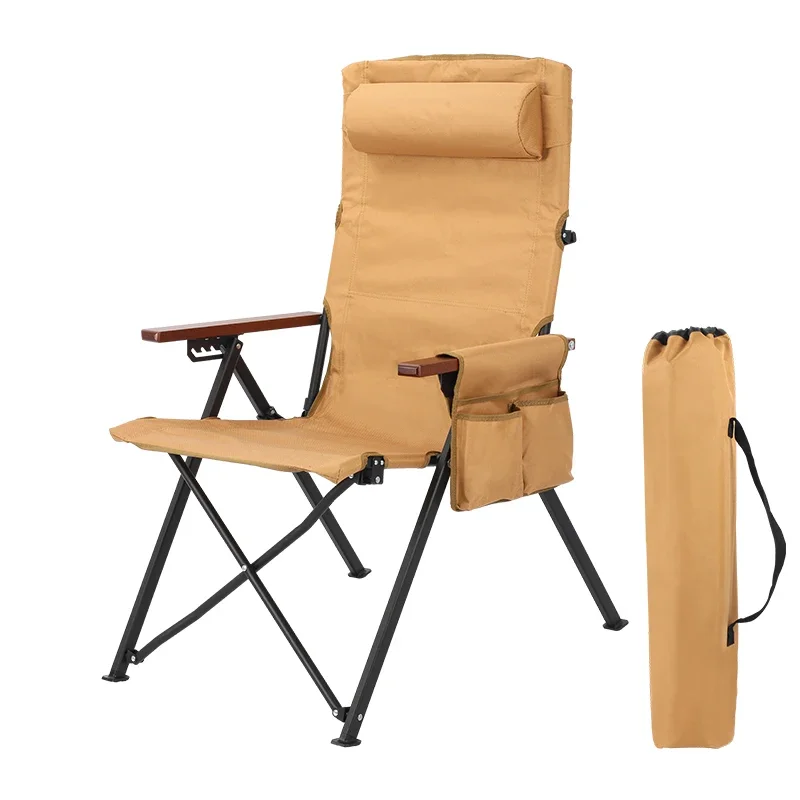 Outdoor Metal Portable Garden Picnic High Back Adjustable Folding Chaise Camping Chair with Pillows and Side Pockets