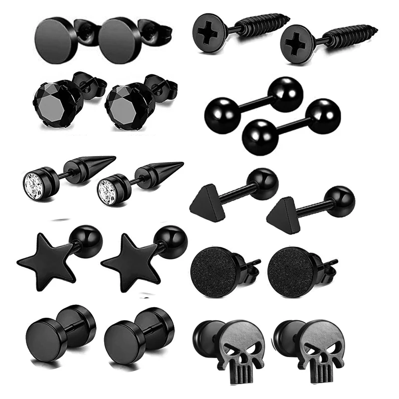 6-20pcs/set  Black Punk Stainless Steel Women Men Hoop Earrings Small Trendy Round Cross Pendants Jewelry  Hip Hop Ear Stud