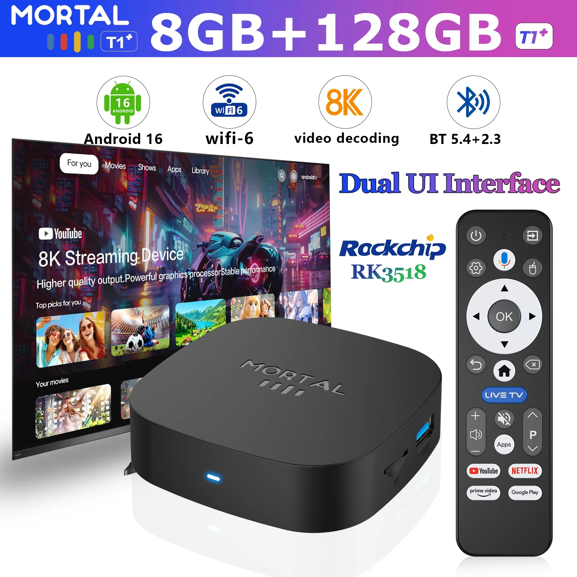 2026 New T1+ 8K HD TV Box Android 16.0 RK3518 Quad Core 8GB RAM 128GB ROM Dual Wifi 2.4G/5.8G Home Theater Media Player Ultra HD