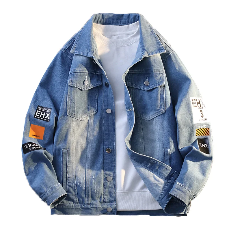 Trendy Men's Denim Jacket Breathable Cotton Casual Square Collar Denim Jacket for Spring and Autumn Comfortable Men's Top