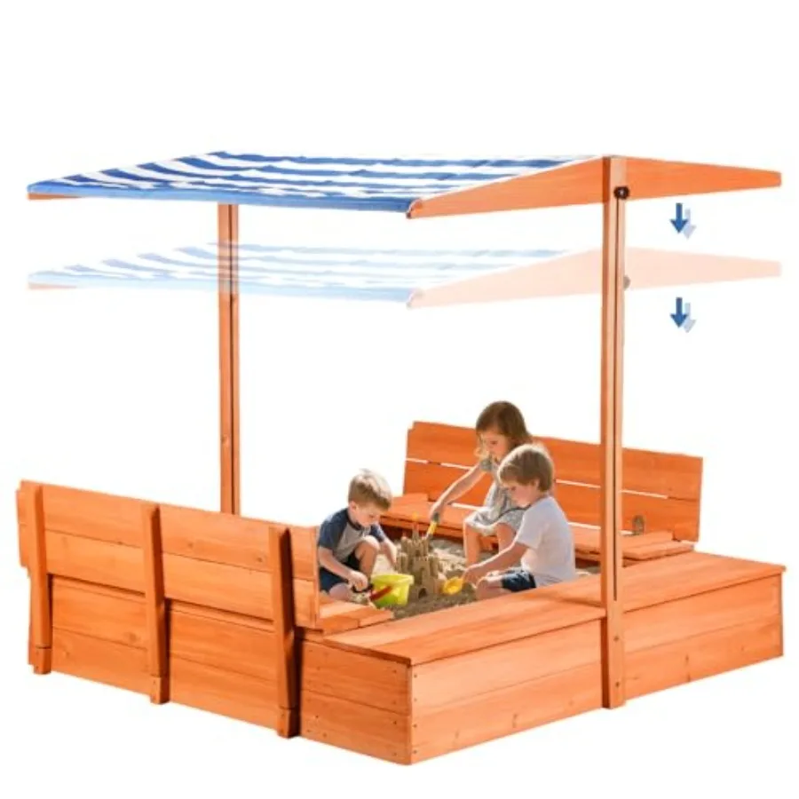 

Outdoor kids sandbox: wooden, beige, weather-resistant with canopy, foldable bench seats, and protective bottom liner 47x47 inc