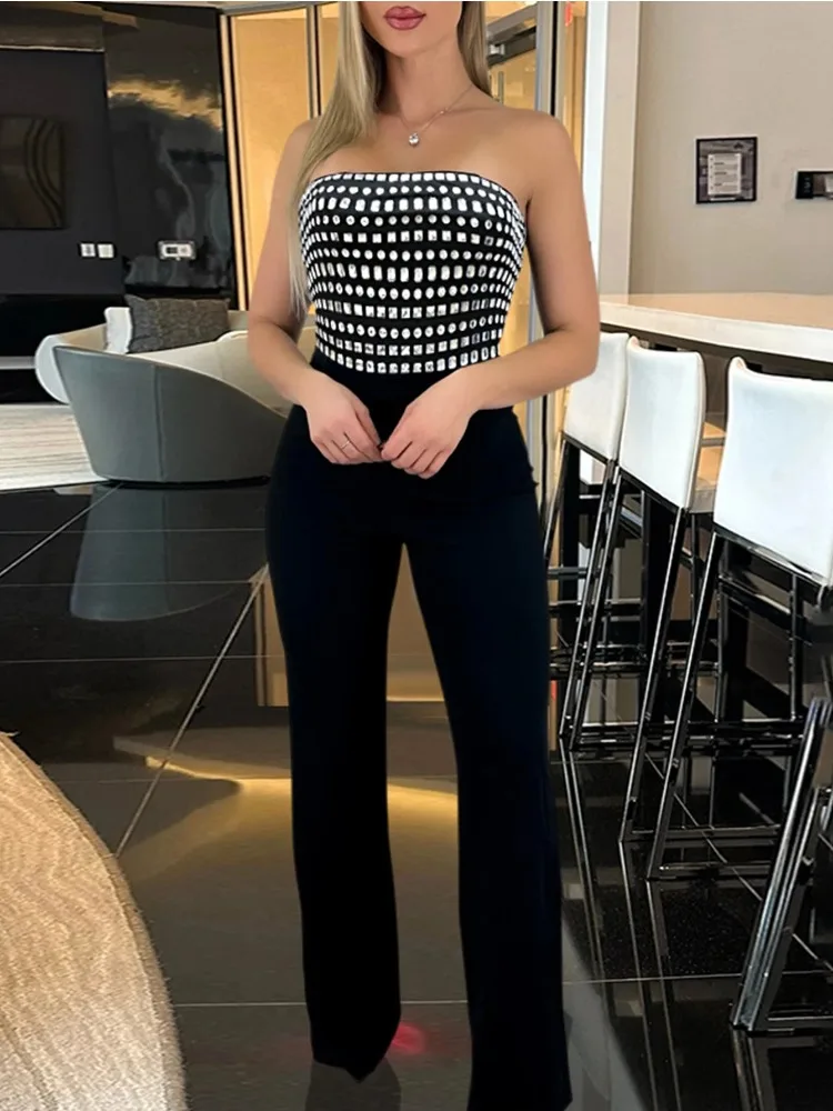 

Sexy backless black rhinestone romper jumpsuit women pants elegant one pieces club birthday party bodycon jumpsuits overalls hot