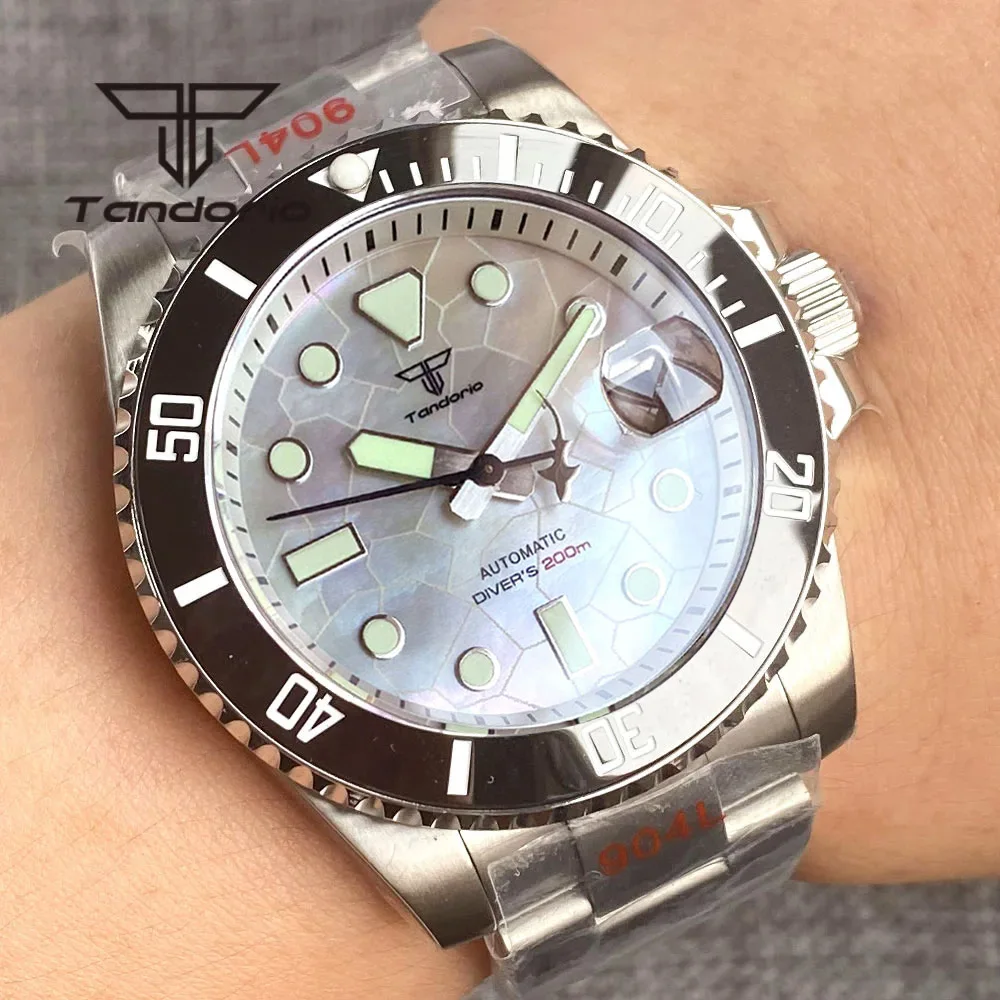 

Tandorio Fashion Automatic NH35 Sapphire 40mm Men's Watch White MOP Face Date Diver Stainless Steel Wristwatch Lume Waterproof