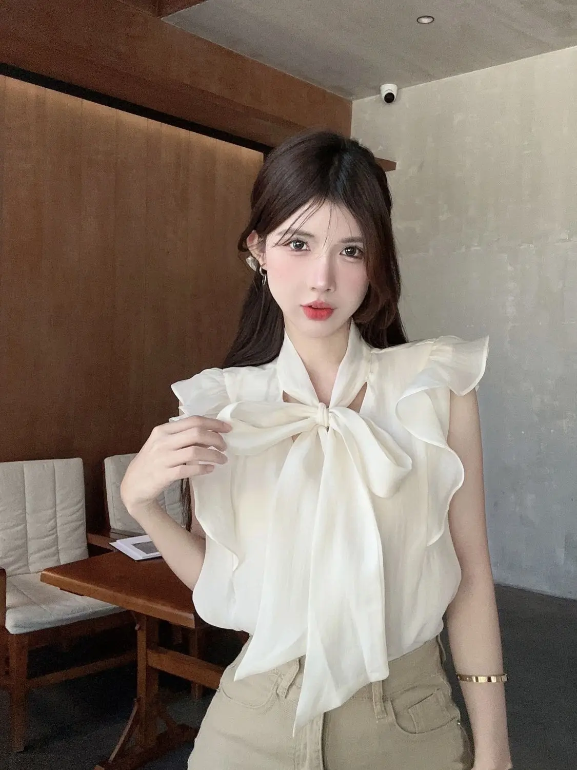 女性のためのフレンチエレガントなシャツ夏甘い優しいちょう結びユニークなシャツトップ