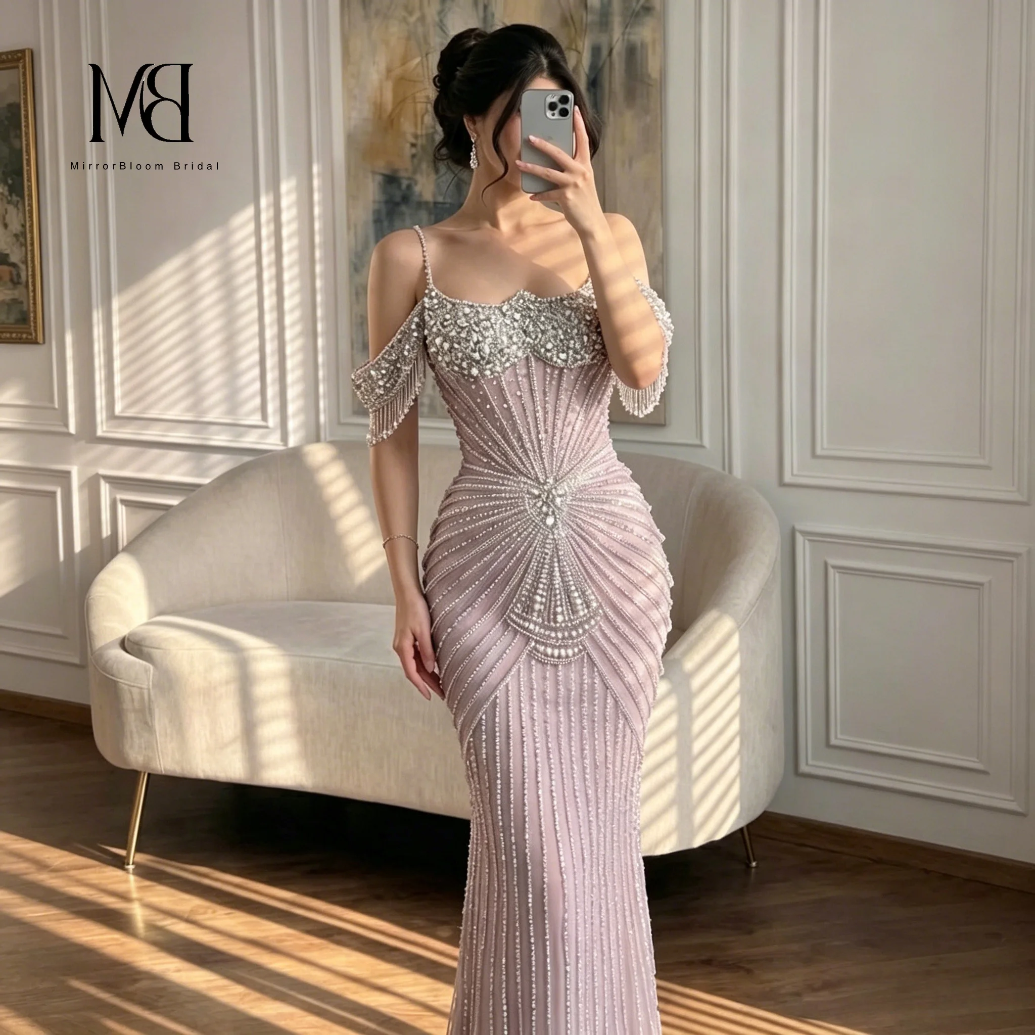 Exquisite purple off-the-shoulder strapless floor-length mermaid formal gown with crystal-embellished tassel pendants