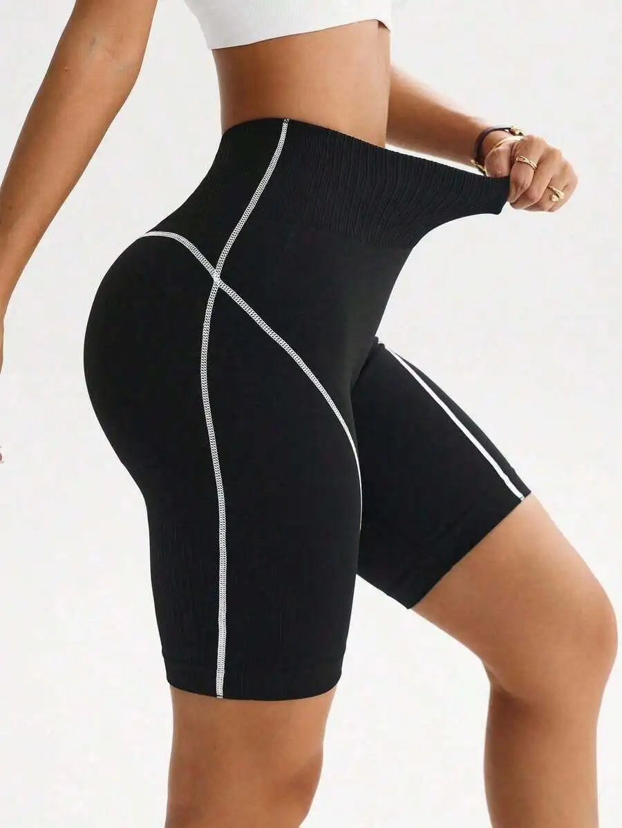 

Women Ribbed High Waist Contrast Stitching Fitness Cycling Shorts