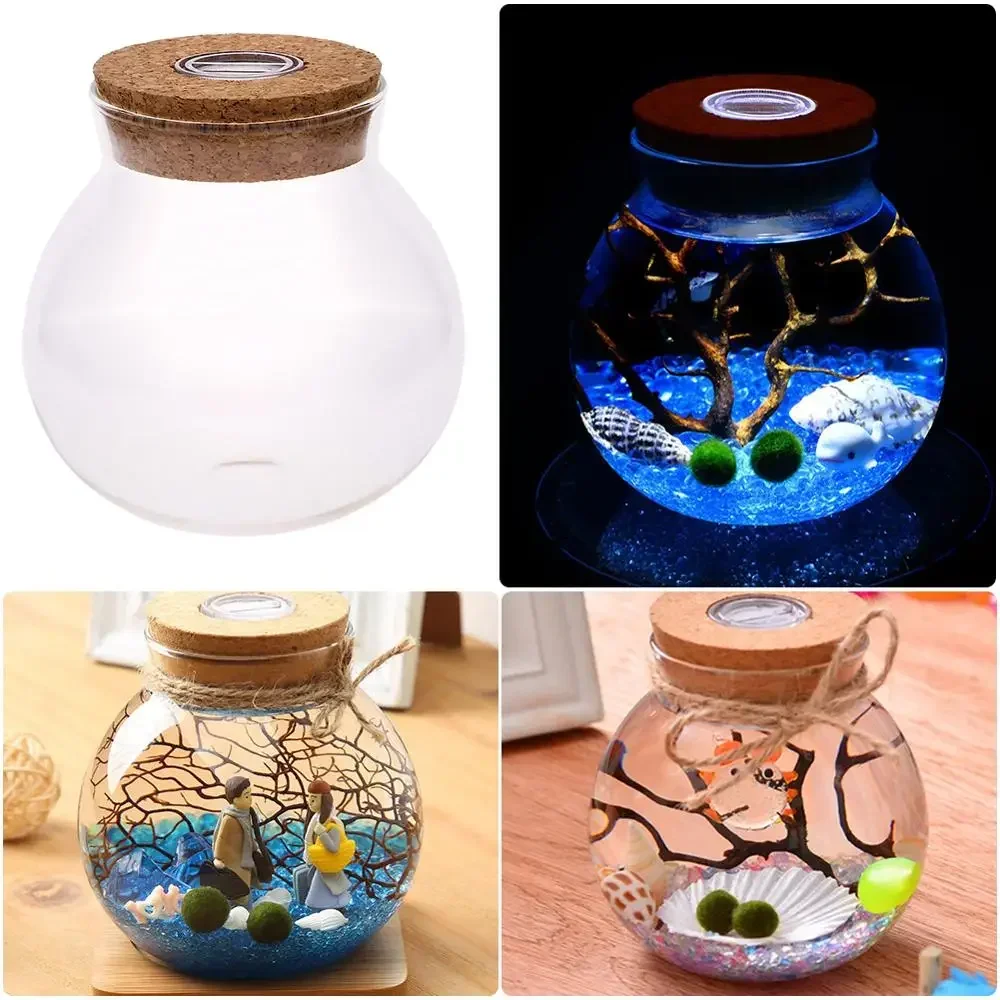 11/12cm Round Glass Jar Globe Terrarium Glass Jar with Colorful LED Light Cork Micro Landscape Ecological Bottle Night Lights