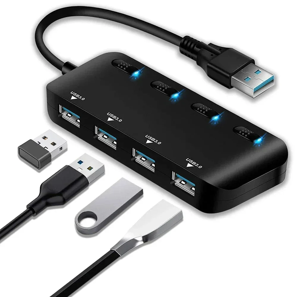 

USB Splitter 3.0 4 Port HUB W/ On Off Switch Portable Slim For Laptop Desktop Convenient