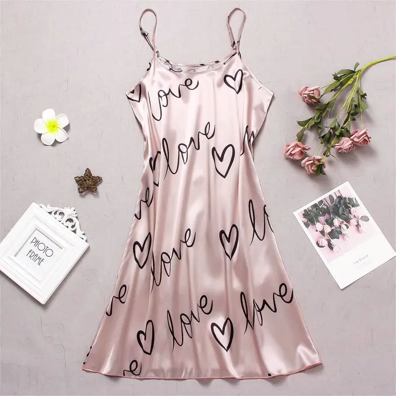 Women’s Sleepwear Sleeveless Heart Print Nightdress for All Seasons Casual Nightgown Sexy Lingerie Mini Slip Chemise Nightwear