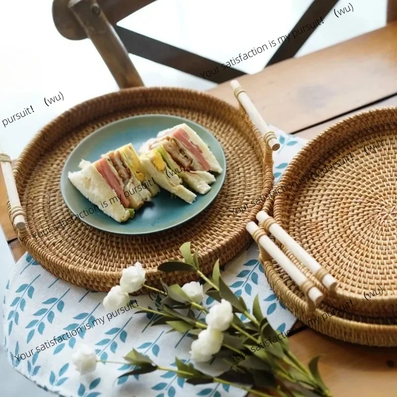 for coffee table brea Rattan round dinner tray natural rattan handle handmade woven basket home decoration storage tray