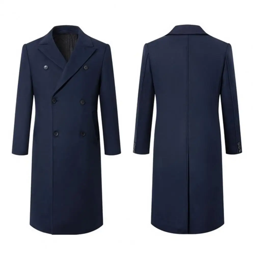 الرجال سترة واقية دعوى طوق كم طويل مزدوجة الصدر سميكة معطف الصوف بلون جيوب تصميم منتصف طول الذكور أبلى #4