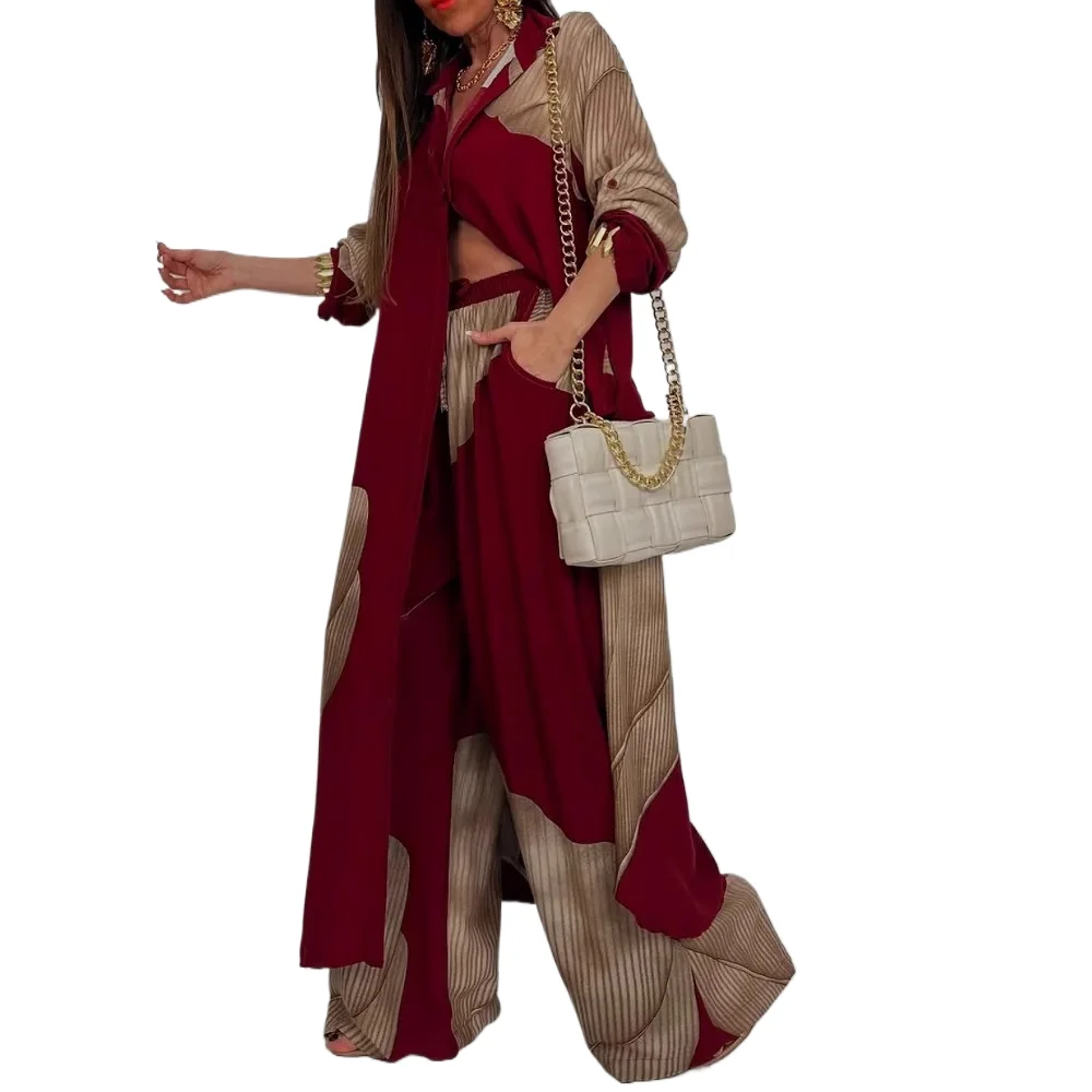 

Loose Printed Two Piece Set Fashion Lapel Long Sleeve Single Breasted Extended Side Split Shirt Elastic Waist Wide Leg Pants Set