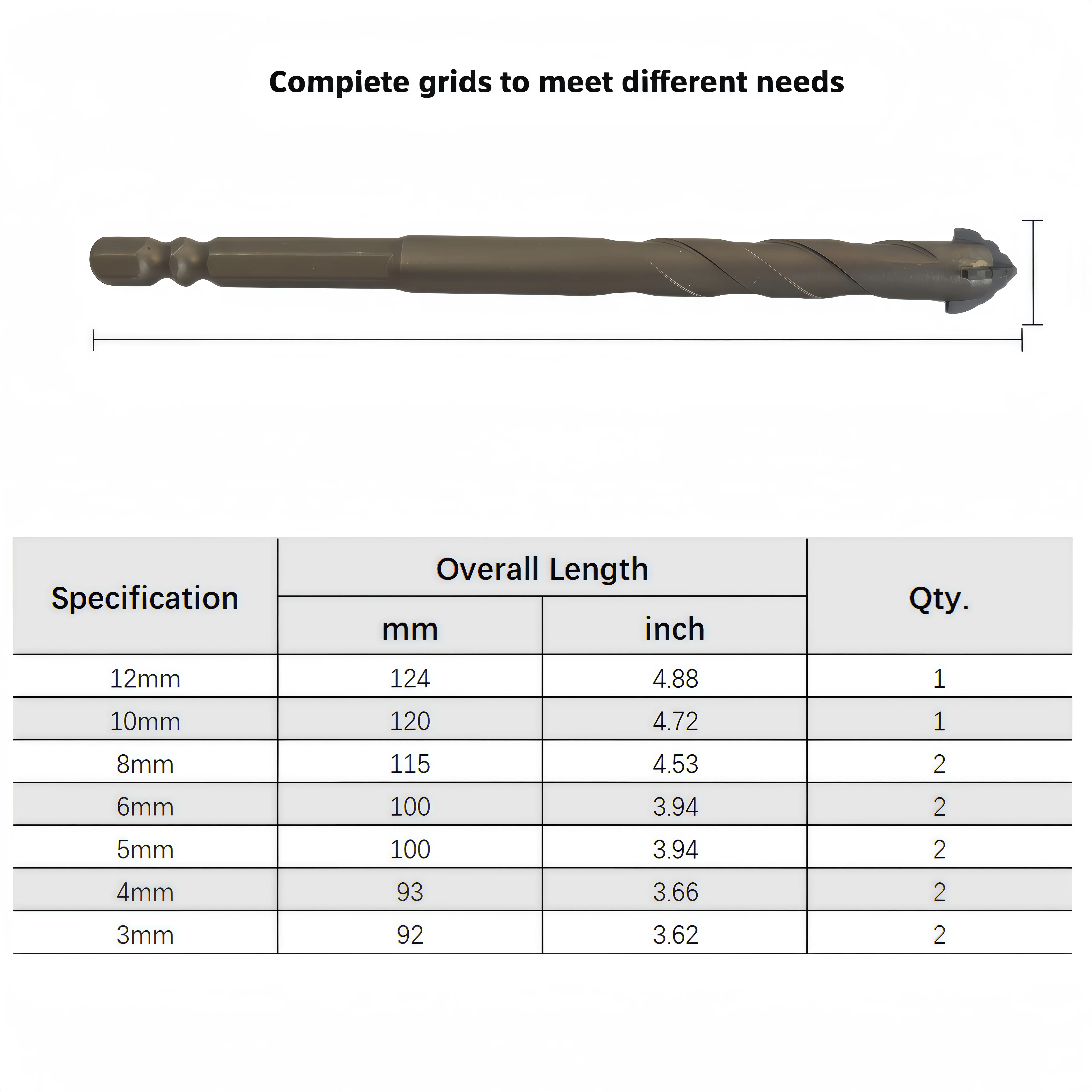 12Pcs Hex Shank Carbide Drill Bit Set, 3‑12mm Four‑Cutter Tile Drill Bits for Glass Ceramic Marble Concrete