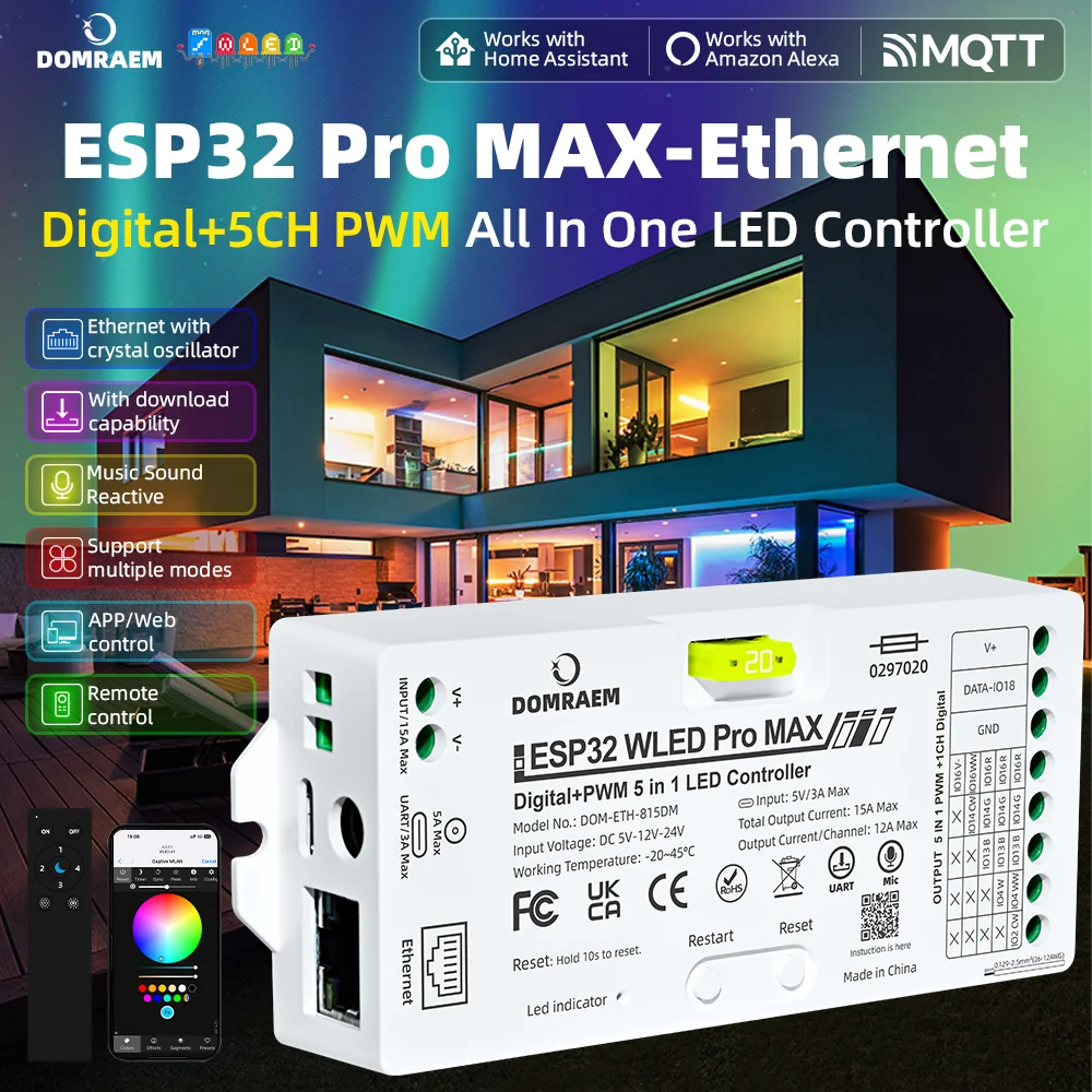 DOMRAEM ESP32 WLED Pro MAX Digital+PWM 5 IN 1 LED-Controller Ethernet WiFi Stabiles Signal Unterstützt WS2811 WS2812B WS2805 SK6812 Pixel-LED-Streifen und PWM RGBCCT RGBW RGB CCT Weiße Streifen