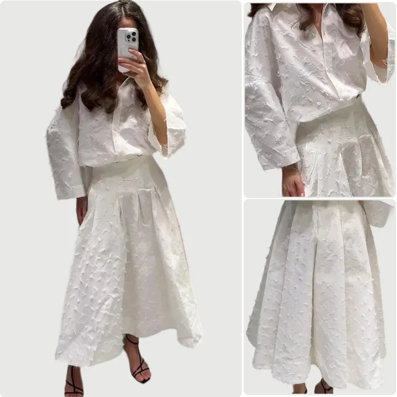 

2026 Spring Summer New Women Elegant Casual Commute Fashion Button Texture A Line Skirt Shirt Suit Set