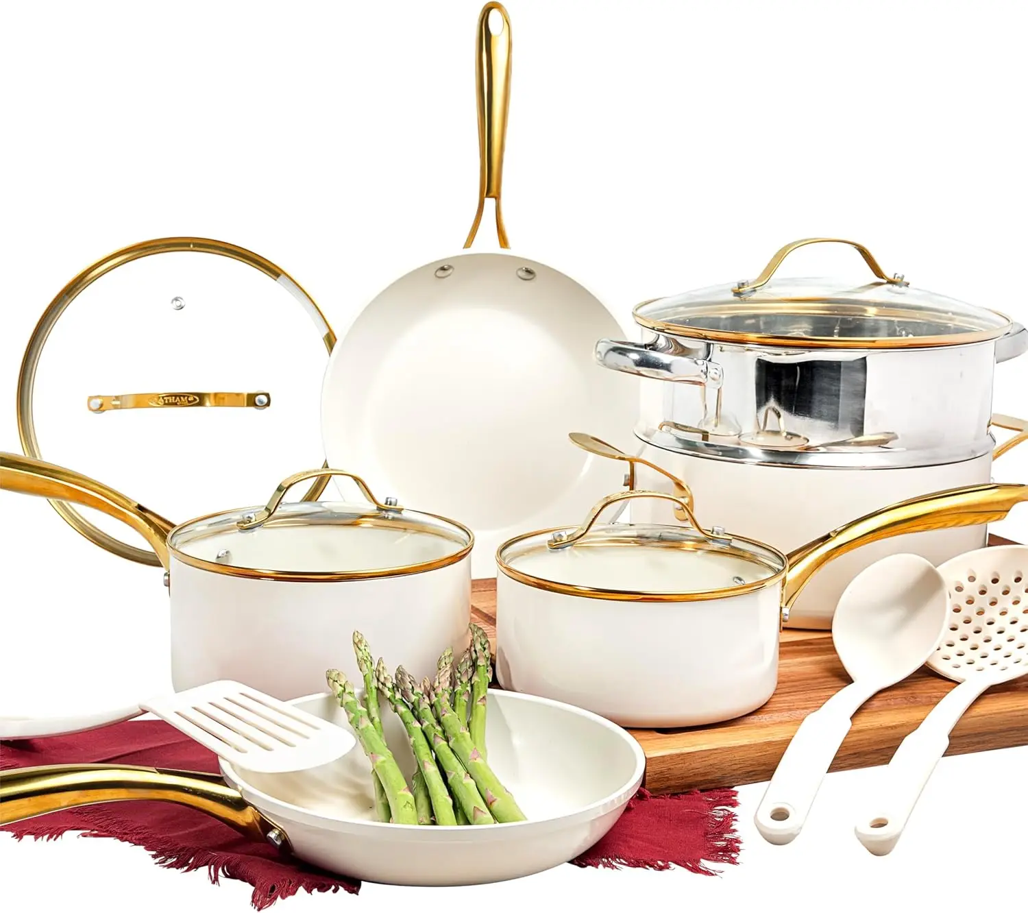

15-Piece Ceramic Non-Stick Cookware Set with Utensils & Steamer, Oven/Dishwasher Safe, PFOA/PFOS Free