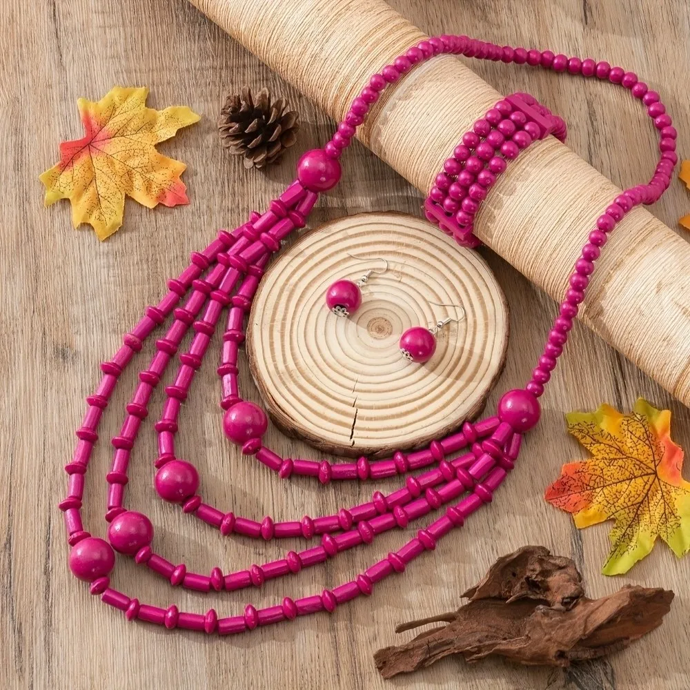 4pcs ‌Bohemian Wooden Necklace Set Layered Bracelet Boho Necklace Earrings Set Handmade Fashion Jewelry Beaded Earrings Set