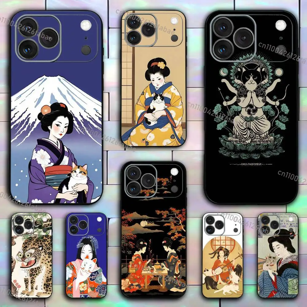 

Cool Japanese Kimono Cat Phone Case For iPhone 17,16,e,Pro,Max,15,14,Plus,13,12,Mini,11,Pro Shockproof Silicone Black Cover