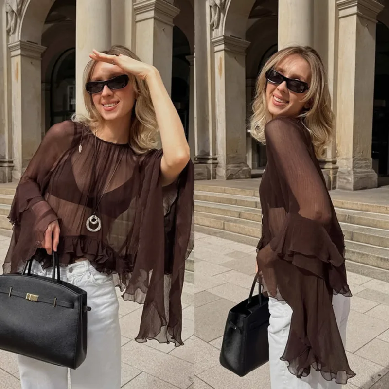 

Chic Women's Transparent Chiffon Shirt Sexy Lightweight See Through Blouse With Ruffles Loose Fit Long Sleeve Summer Fashion Top
