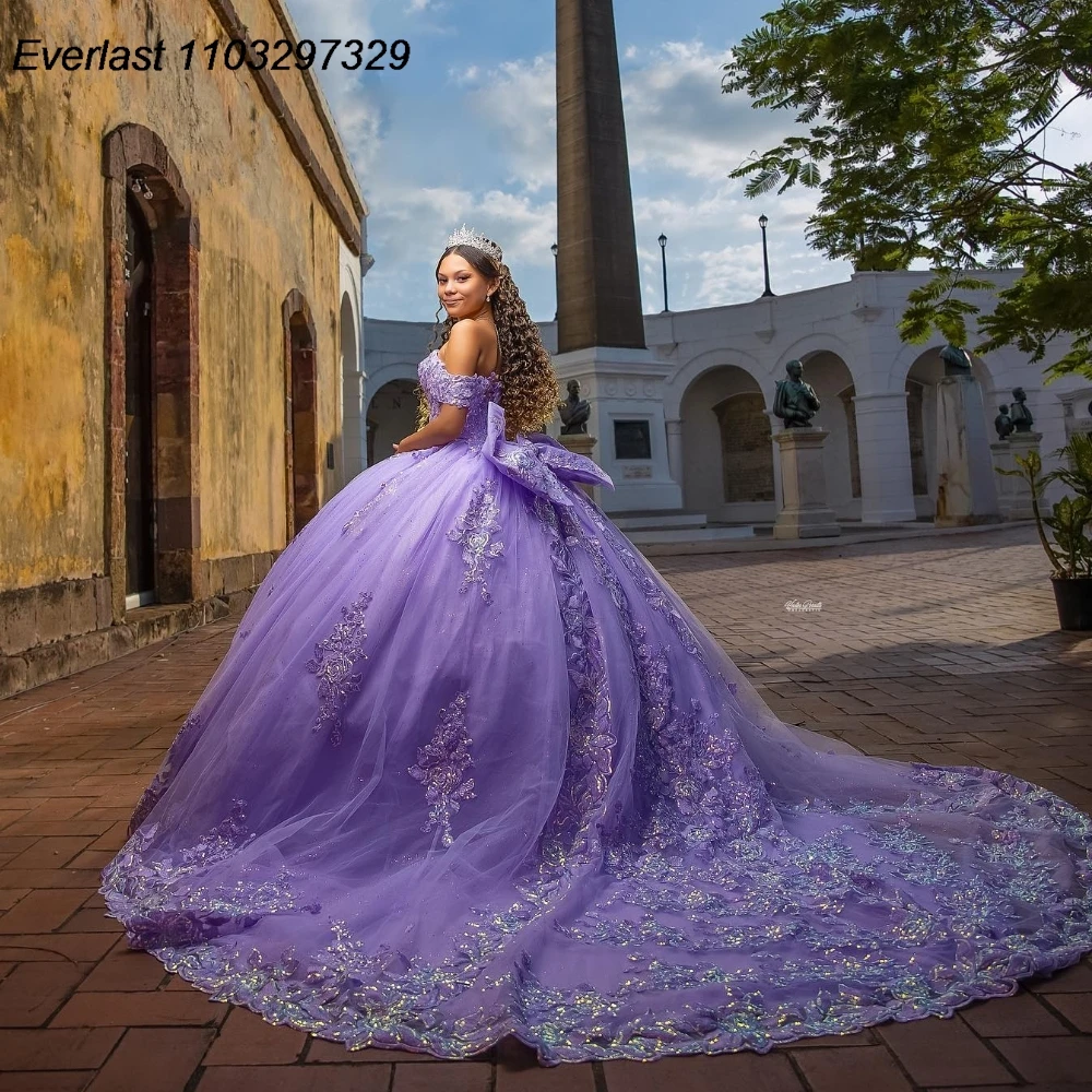 EVLAST Dostosowana brokatowa liliowa sukienka na quinceanera Suknia balowa Koronkowa aplikacja z koralikami Gorset z kokardą Sweet 16, Vestido De 15 Anos QD1186