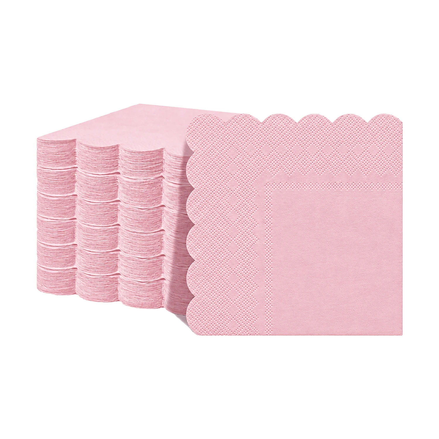 JINYUDOME Paper Napkins Pink Scalloped Cocktail Napkins 9.84x9.84in Cut Edge Wavy Edge Printed Paper Placemats for Bar Party