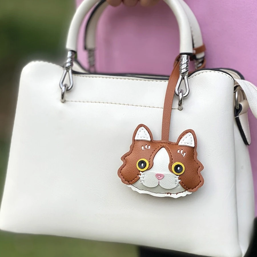 Cute Cat Face Keychain Pendant Faux Leather Animal Bag Charm with Long Strap Multi-color Cat Purse Accessory Gift for Women
